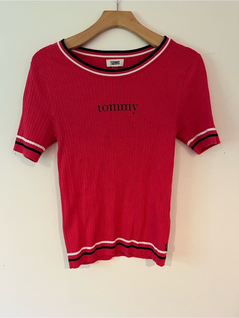 Tommy Hilfiger Pink Ribbed Knit Short Sleeve Tee with Contrast Trim